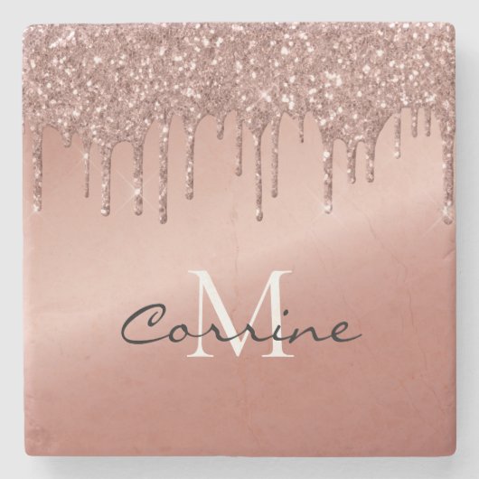 Rose Gold Dripping Glitzer Monogram Name Metallic Steinuntersetzer (Vorderseite)