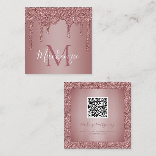 Rose Gold Dripping Glitzer Monogram QR Code Quadratische Visitenkarte (Vorne/Hinten)