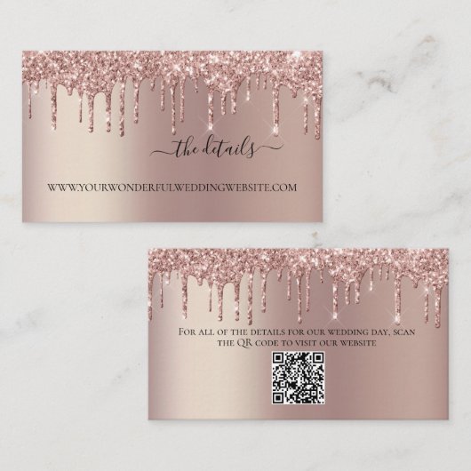 Rose Gold Dripping Glitzer Wedding Details QR Code Begleitkarte (Vorne/Hinten)