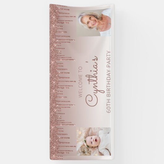 Rose Gold Dripping Glitzer Zwei Foto 60. Geburtsta Banner (Vertikal)
