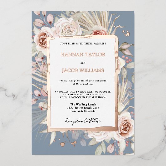 Rose Gold Dusty Blue Floral Boho Wedding Folieneinladung (Vorderseite)