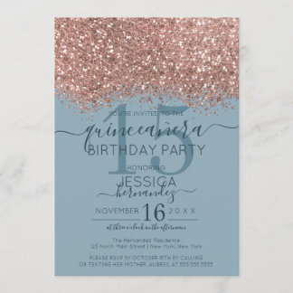 Rose Gold Dusty Blue Glitzer Confetti Quinceañera Einladung