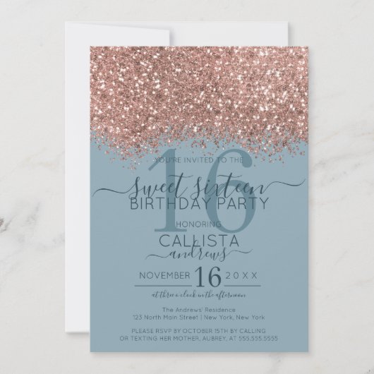 Rose Gold Dusty Blue Glitzer Confetti Sweet 16 Einladung (Vorderseite)