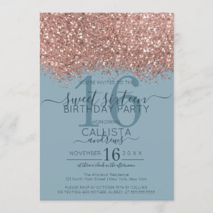 Rose Gold Dusty Blue Glitzer Confetti Sweet 16 Einladung