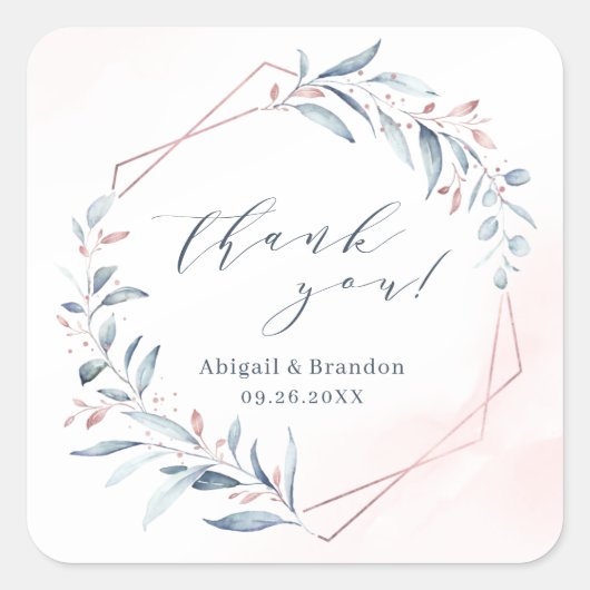 Rose Gold Dusty Blue Greenery Geometric Vielen Dan Quadratischer Aufkleber (Vorderseite)