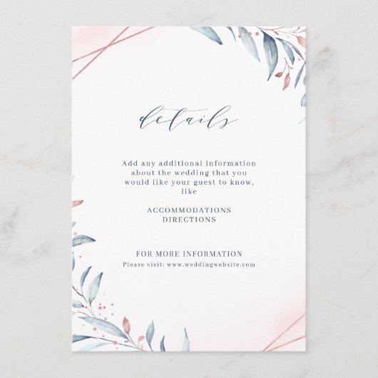 Rose Gold Dusty Blue Greenery Geometric Wedding Begleitkarte (Vorderseite)