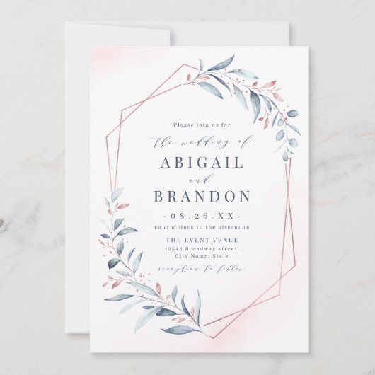 Rose Gold Dusty Blue Greenery Geometric Wedding Einladung (Vorderseite)