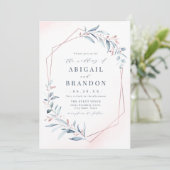 Rose Gold Dusty Blue Greenery Geometric Wedding Einladung (Stehend Vorderseite)