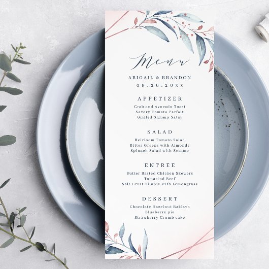 Rose Gold Dusty Blue Greenery Geometric Wedding Menükarte