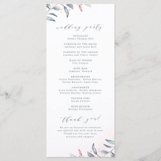 Rose Gold Dusty Blue Greenery Geometric Wedding Programm (Rückseite)
