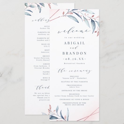 Rose Gold Dusty Blue Greenery Geometric Wedding Programm (Vorne/Hinten)