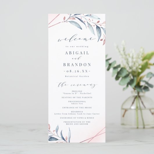 Rose Gold Dusty Blue Greenery Geometric Wedding Programm (Stehend Vorderseite)