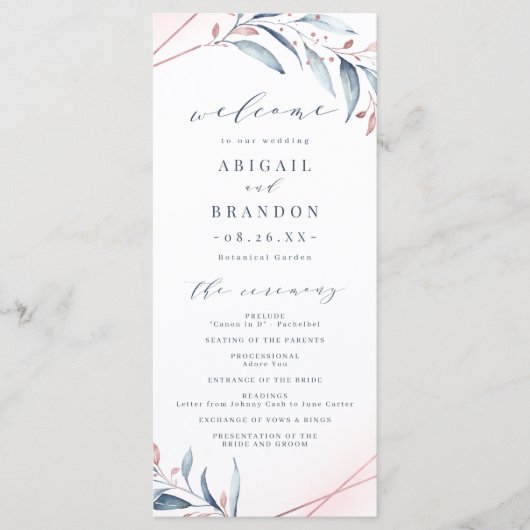 Rose Gold Dusty Blue Greenery Geometric Wedding Programm (Vorderseite)