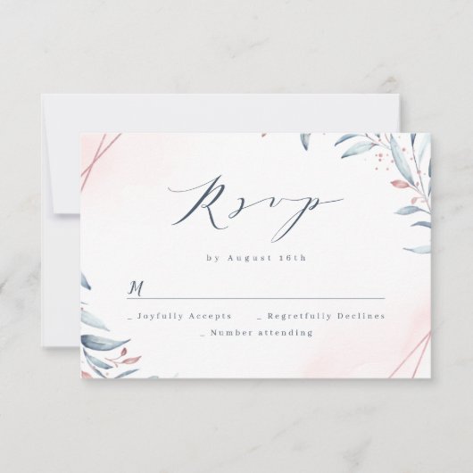 Rose Gold Dusty Blue Greenery Geometric Wedding RSVP Karte (Vorderseite)