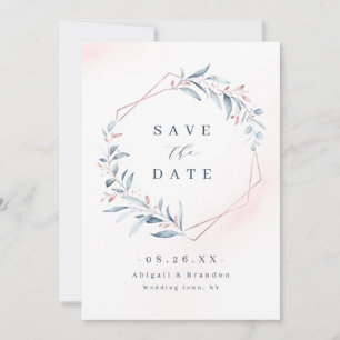 Rose Gold Dusty Blue Greenery Geometric Wedding SA Save The Date