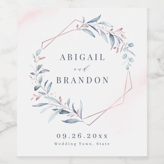 Rose Gold Dusty Blue Greenery Geometric Wedding Weinetikett (Einzelnes Label)