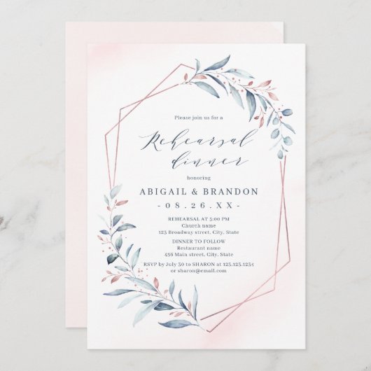 Rose Gold Dusty Blue Greenery Probe Abendessen Einladung (Vorne/Hinten)