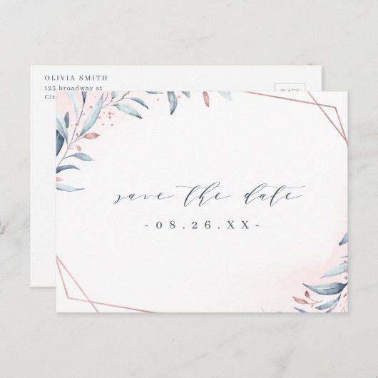 Rose Gold Dusty Blue Greenery Save the Date Ankündigungspostkarte (Vorne/Hinten)