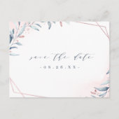 Rose Gold Dusty Blue Greenery Save the Date Ankündigungspostkarte (Vorderseite)