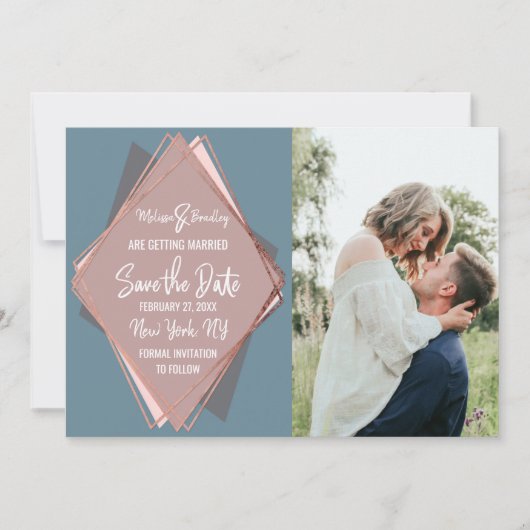 Rose Gold Dusty Blue Mauve Geometric Save the Date Einladung (Vorderseite)