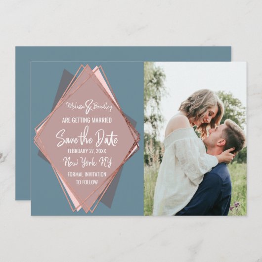 Rose Gold Dusty Blue Mauve Geometric Save the Date Einladung (Vorne/Hinten)