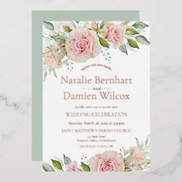Rose Gold Dusty Green Floral Wedding Folieneinladung