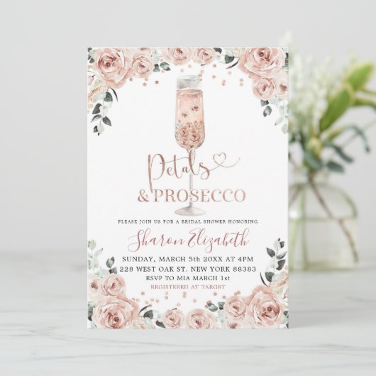 Rose Gold Dusty Petals und Prosecco Brautparty Einladung (Stehend Vorderseite)
