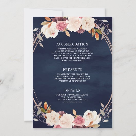 Rose Gold Dusty Pink Blauen Blauen Hochzeit Einladung (Rückseite)