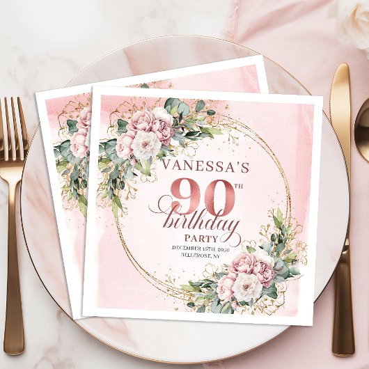 Rose Gold Dusty Pink Boho Floral 90th Birthday  Serviette
