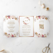 Rose Gold Dusty Pink Floral QR Code Hochzeit Dreifach Gefaltete Einladung (Innenseite)