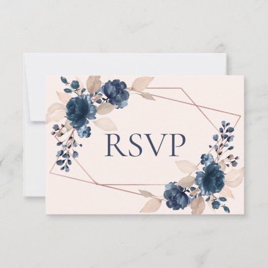 Rose Gold Dusty Pink Navy Flora Hochzeit RSVP Karte (Vorderseite)