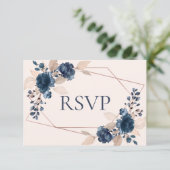 Rose Gold Dusty Pink Navy Flora Hochzeit RSVP Karte (Stehend Vorderseite)