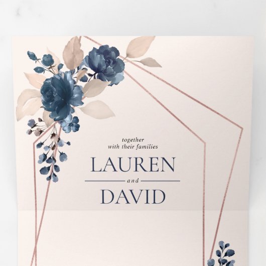 Rose Gold Dusty Pink Navy Floral Geometric Dreifach Gefaltete Einladung (Innen Erste Seite)