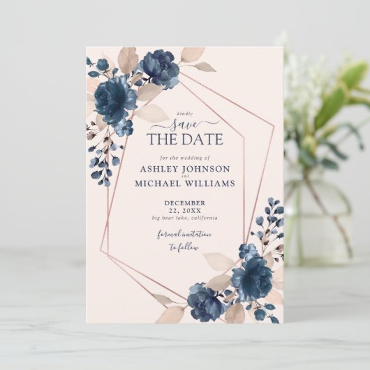 Rose Gold Dusty Pink Navy Floral Save the Date (Stehend Vorderseite)