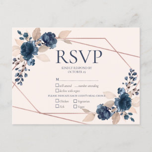 Rose Gold Dusty Pink Navy Floral Wedding RSVP Einladungspostkarte
