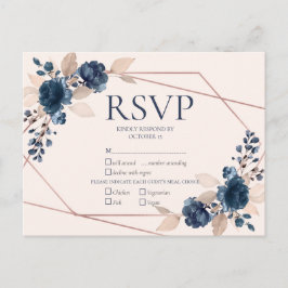 Rose Gold Dusty Pink Navy Floral Wedding RSVP Einladungspostkarte