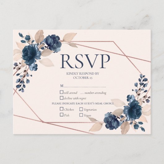 Rose Gold Dusty Pink Navy Floral Wedding RSVP Einladungspostkarte (Vorderseite)