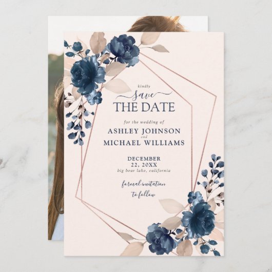 Rose Gold Dusty Pink Navy Foto Save the Date (Vorne/Hinten)