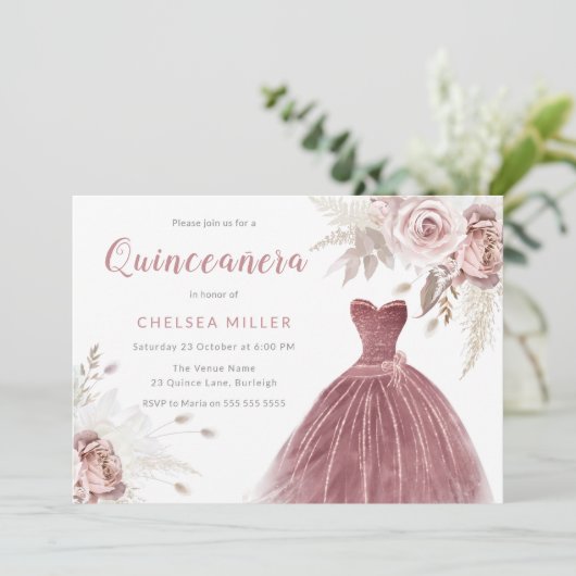 Rose Gold, Dusty Rose & Blush Quinceanera Einladung (Stehend Vorderseite)