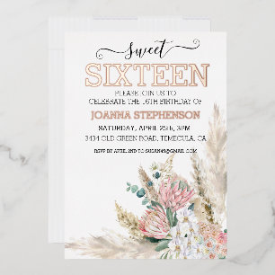 Rose Gold Echtfolie Sweet 16 Sechzehn Boho Floral  Folieneinladung