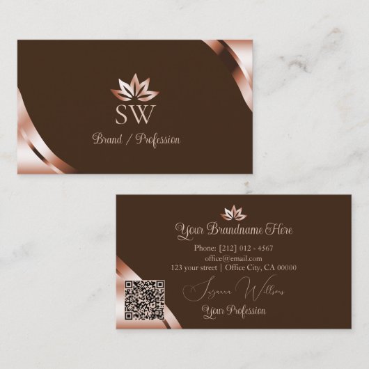 Rose Gold Ecken Coffee Brown Monogramm QR-Code Visitenkarte (Vorne/Hinten)