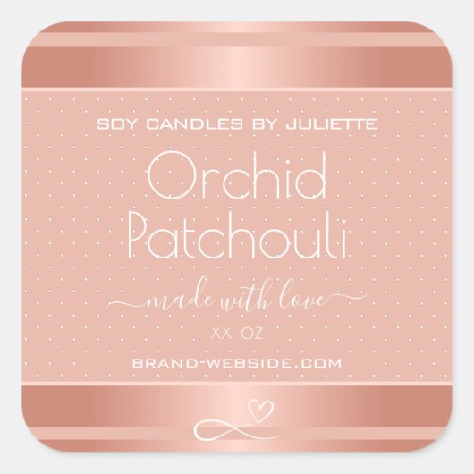 Rose Gold Effect Rosa Sojakandeln Verpackungsmarke Quadratischer Aufkleber (Vorderseite)
