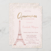 Rose Gold Eiffelturm Confetti Stripe Quinceanera Einladung (Vorne/Hinten)