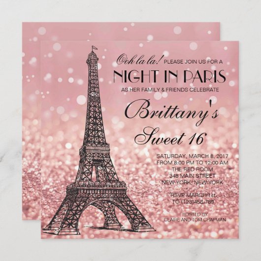 Rose Gold Eiffelturm Paris Sweet 16 Einladung (Vorne/Hinten)