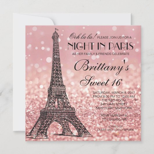 Rose Gold Eiffelturm Paris Sweet 16 Einladung (Vorderseite)