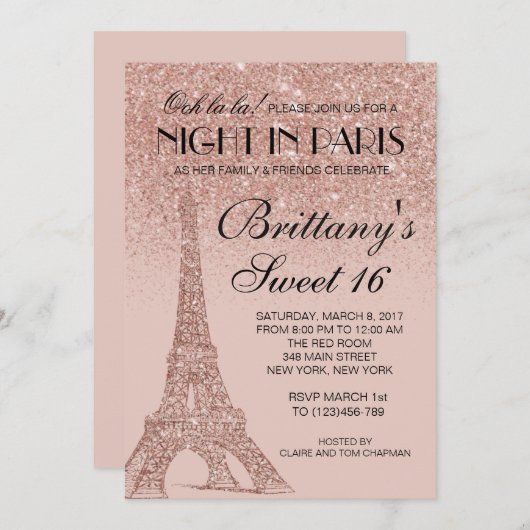 Rose Gold Eiffelturm Paris Sweet 16 Einladung (Vorne/Hinten)