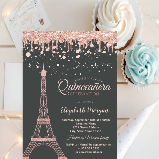 Rose Gold Eiffelturm, Tropfen Dots Quinceañera Einladung