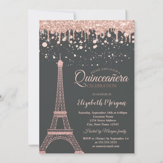 Rose Gold Eiffelturm, Tropfen Dots Quinceañera Einladung (Vorderseite)