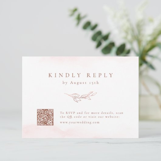 Rose Gold einfache botanische QR-Code Hochzeit RSVP Karte (Stehend Vorderseite)