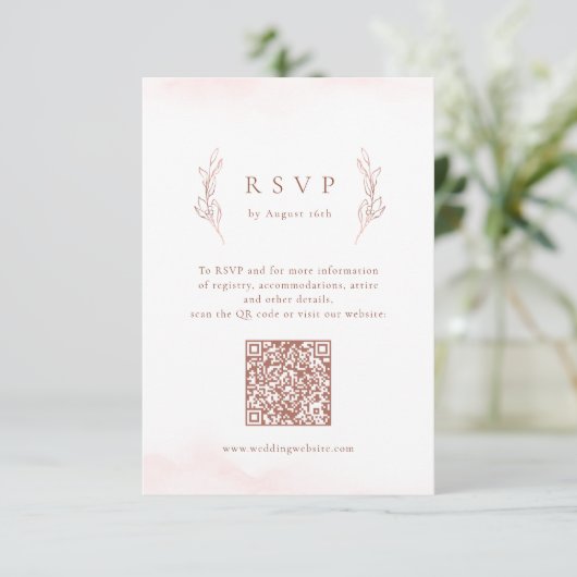 Rose Gold einfache botanische QR-Code Hochzeit RSVP Karte (Stehend Vorderseite)